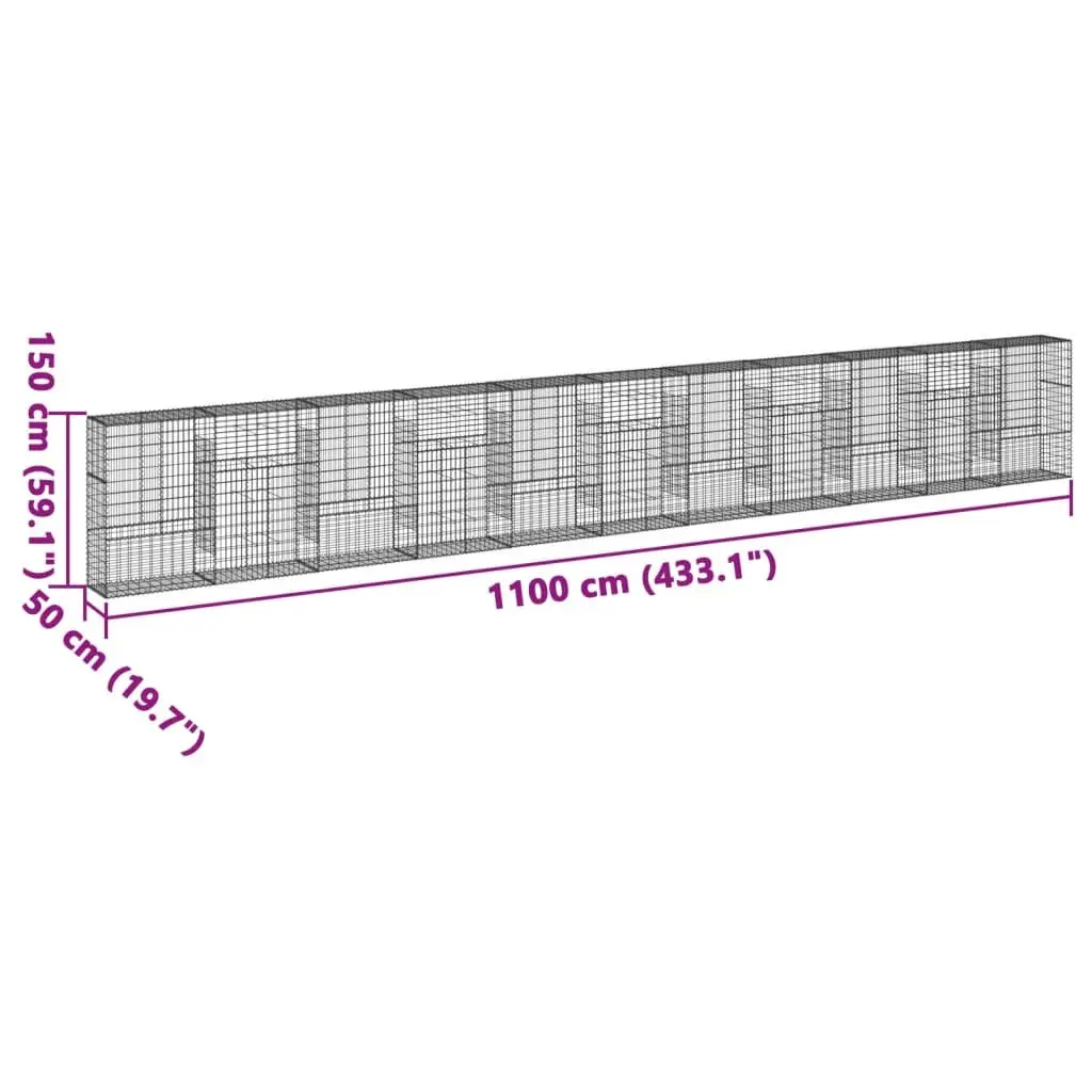 Gabion Basket Silver Galvanised Iron Wire 1100x50x150 cm with Cover