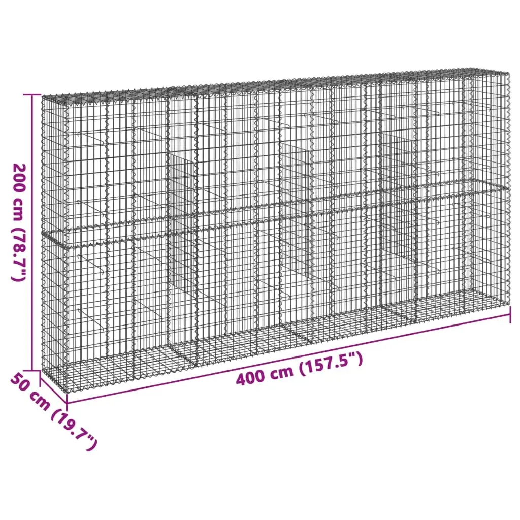 Gabion Basket 400x50x200cm Galvanised Iron Wire Silver with Cover for Garden Retaining Structure