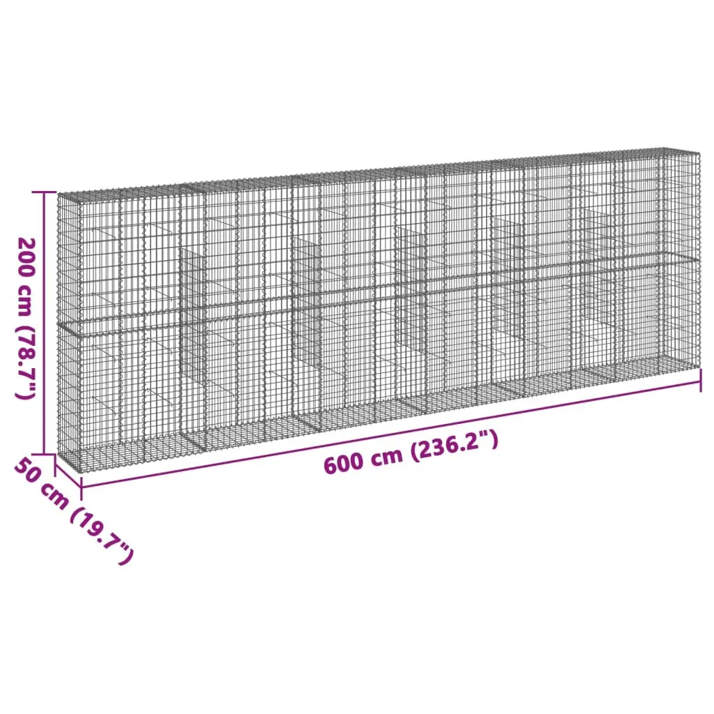 Gabion Basket Silver Galvanised Iron Wire 600x50x200cm with Cover for Garden Retaining and Outdoor Structures