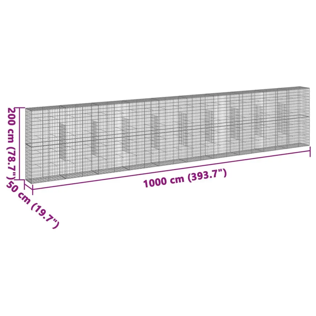 Gabion Basket 1000x50x200 cm Silver Galvanised Iron Wire with Cover for Garden Retaining Wall and Outdoor Decoration