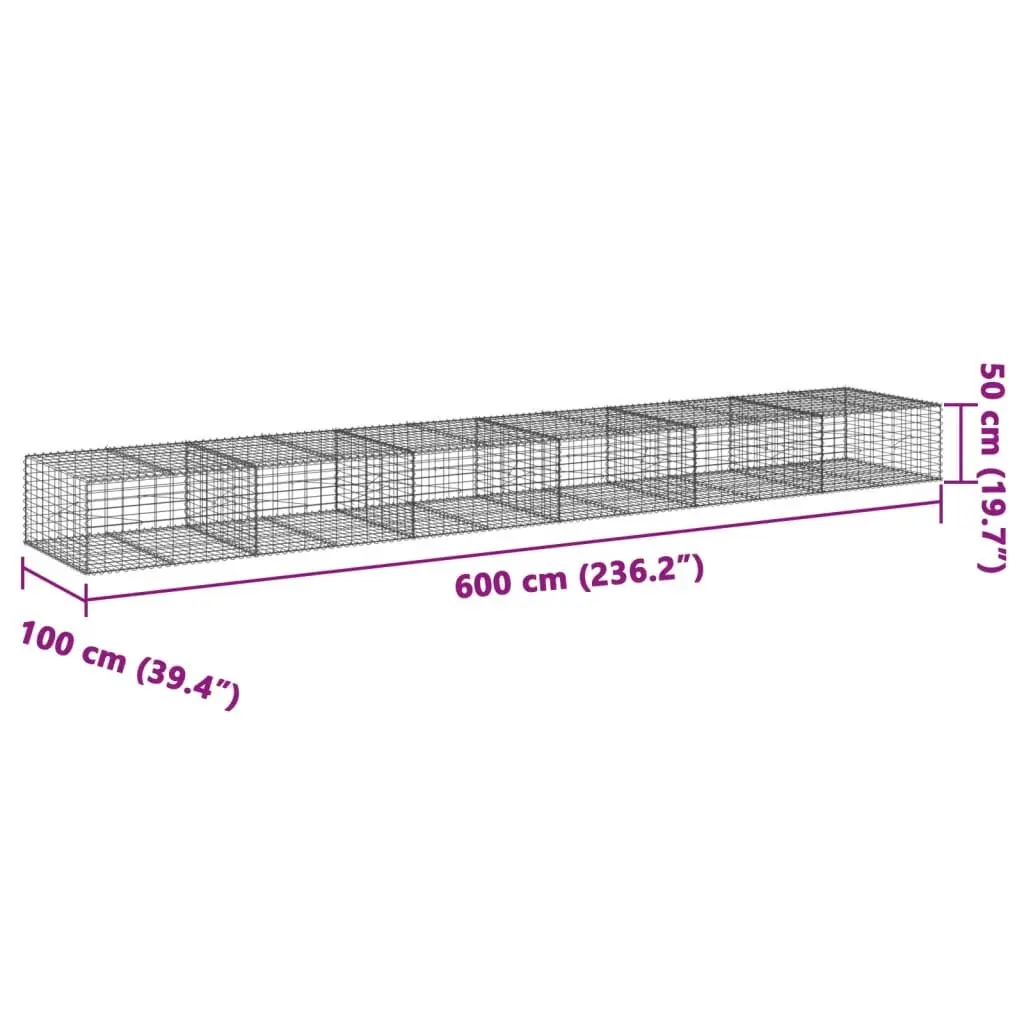 Gabion Basket 600x100x50 cm Silver Galvanised Iron Wire with Cover for Garden Retaining