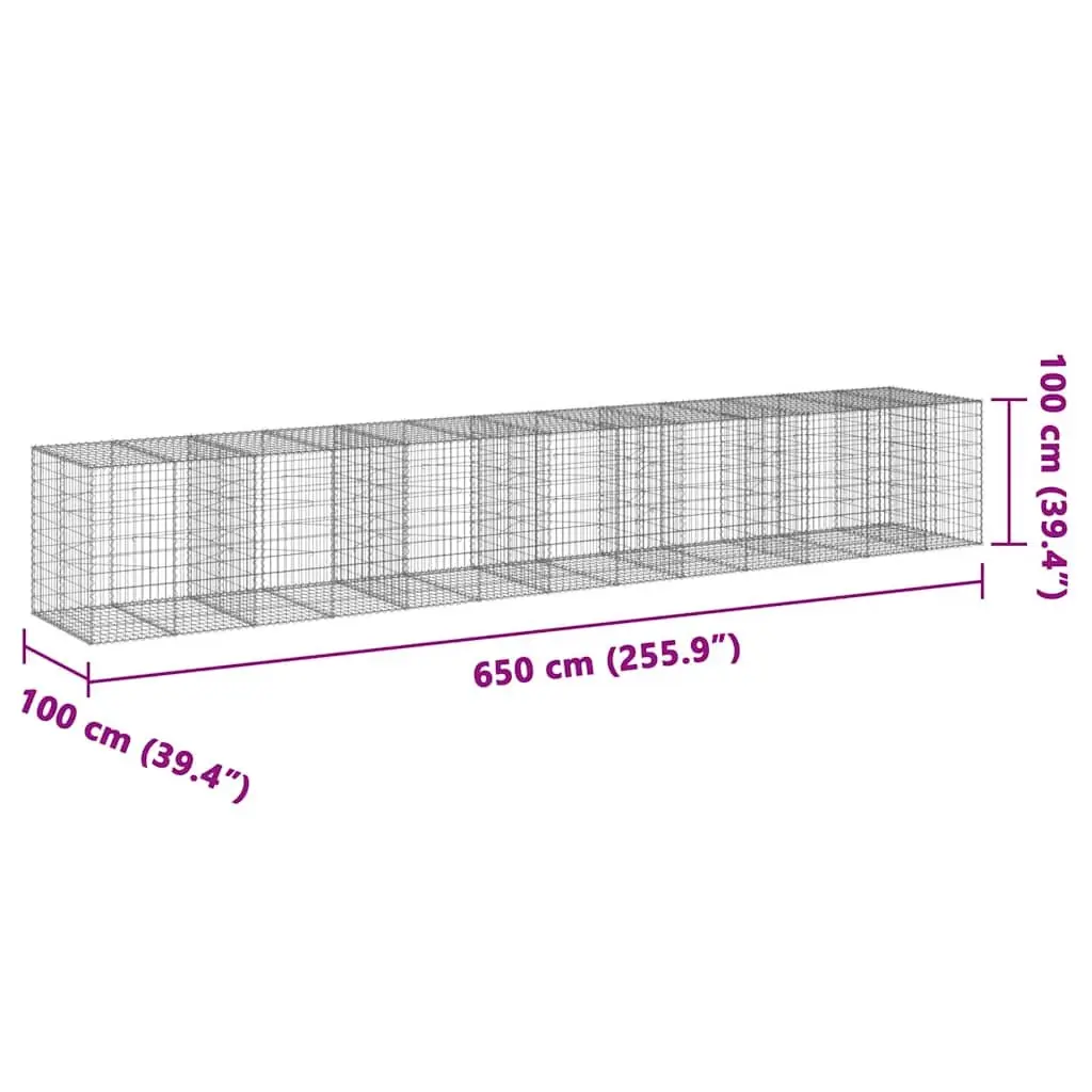 Gabion Basket Silver Galvanised Iron Wire 650x100x100 cm with Cover Outdoor Garden Landscaping