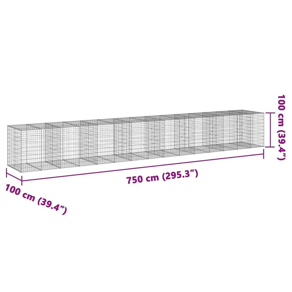 Gabion Basket 750x100x100 cm Galvanised Iron Wire with Cover for Garden Retaining and Outdoor Use