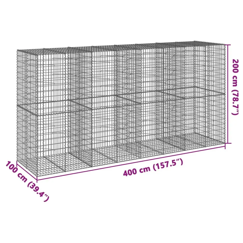 Gabion Basket 400x100x200 cm Galvanised Iron Wire Silver Outdoor Garden Retaining Wall with Cover