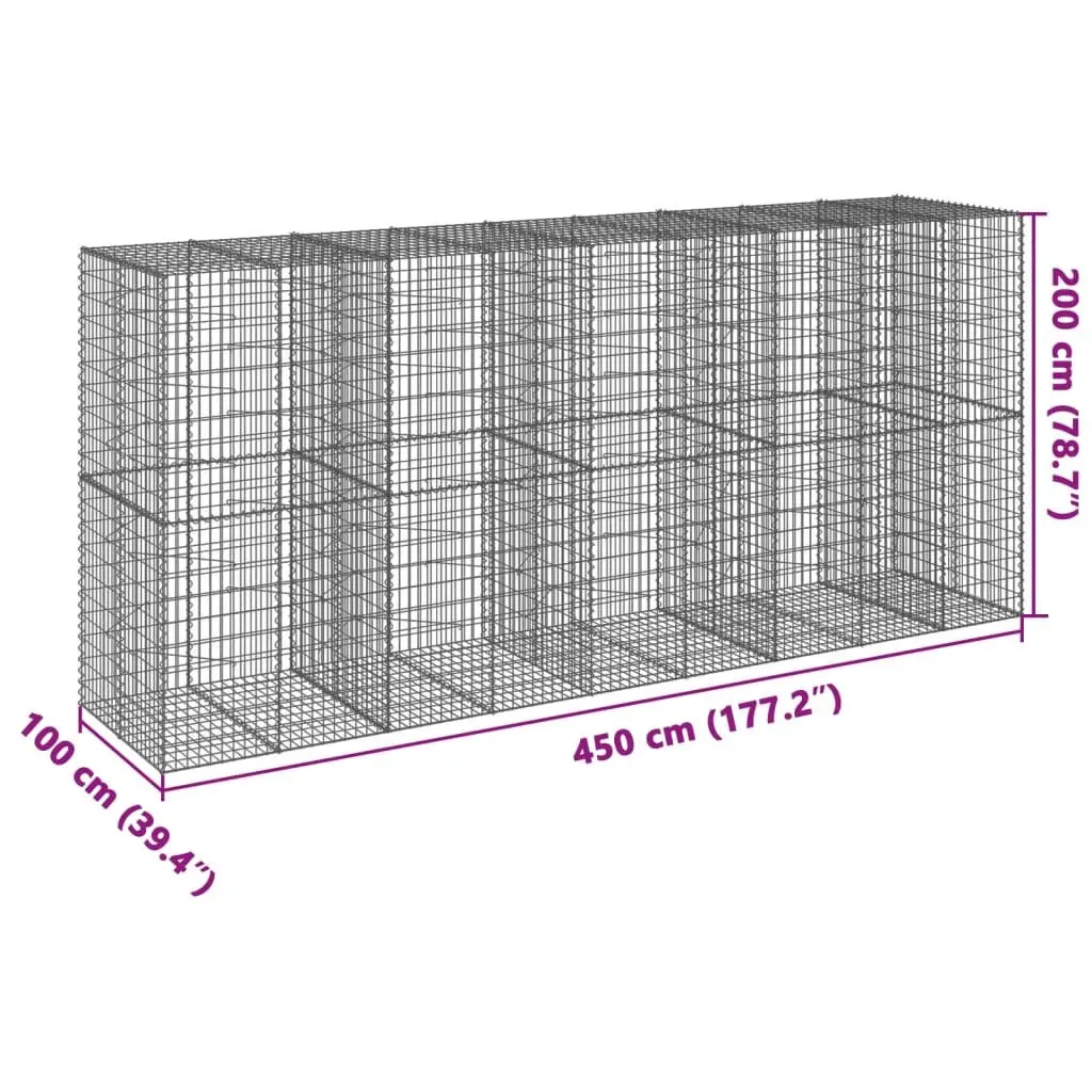 Gabion Basket 450x100x200 cm Silver Galvanised Iron Wire with Cover for Garden Landscaping and Retaining Wall