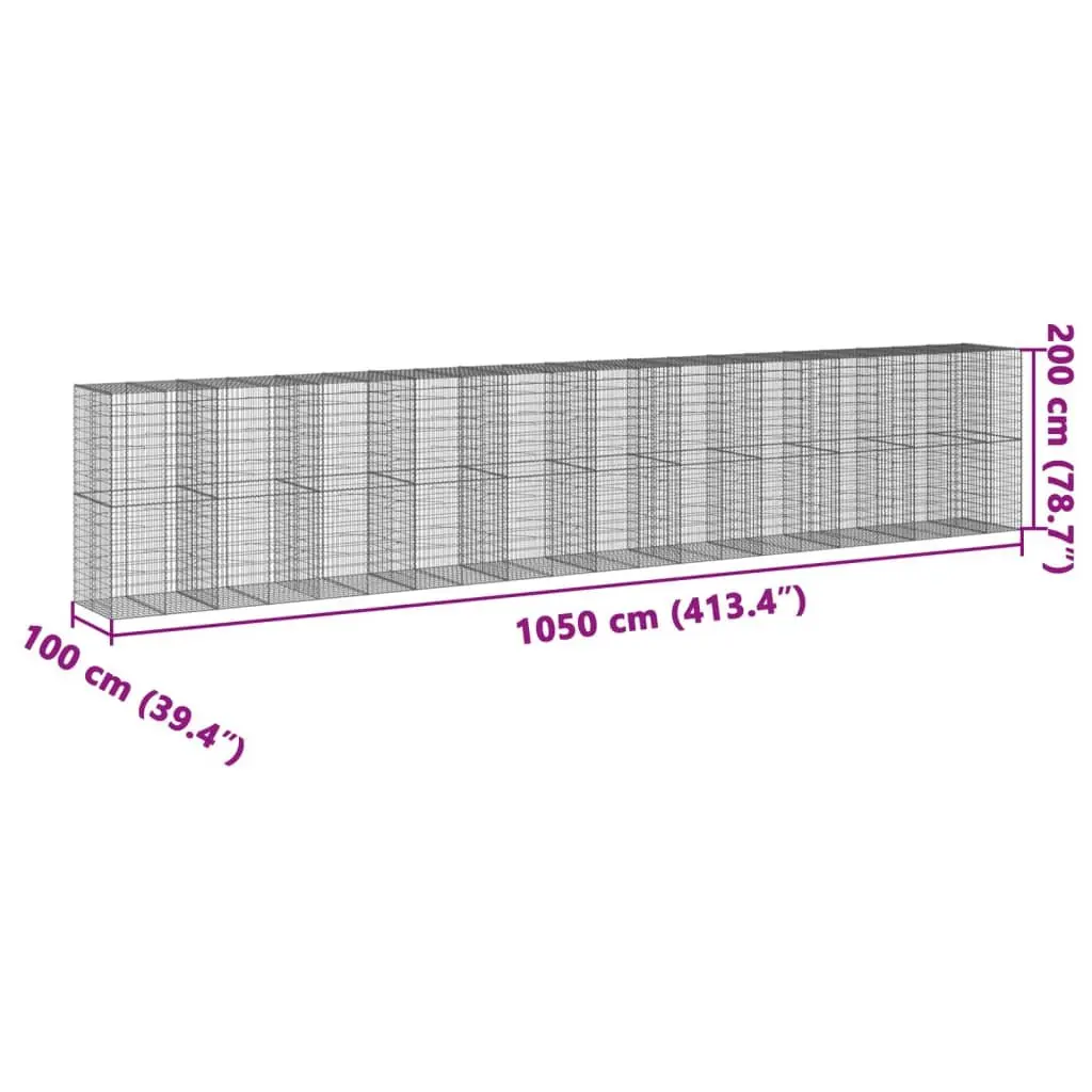 Gabion Basket 1050x100x200 cm Silver Galvanised Iron Wire with Cover for Garden Retaining