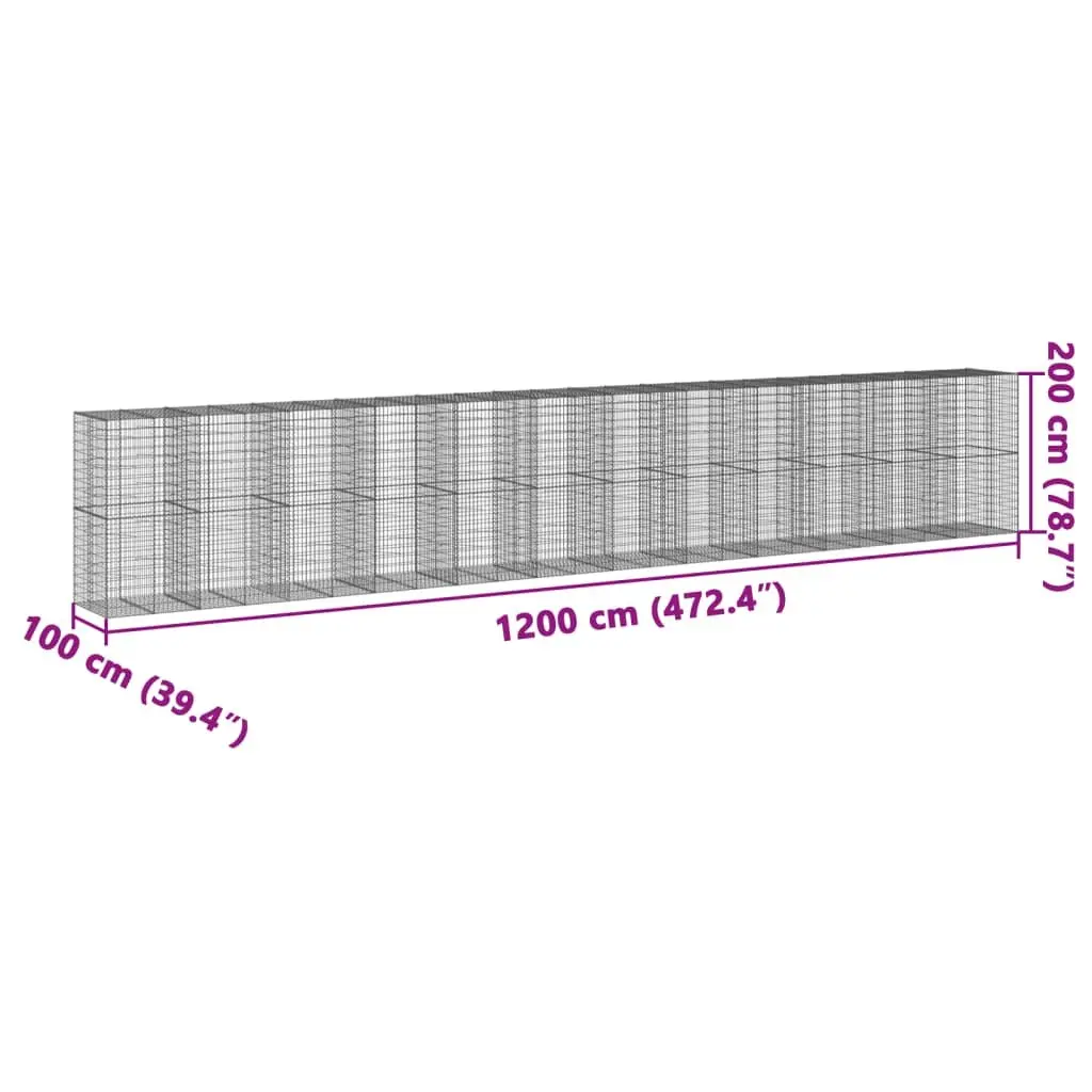 Gabion Basket 1200x100x200 cm Silver Galvanised Iron with Cover for Garden Retaining Wall