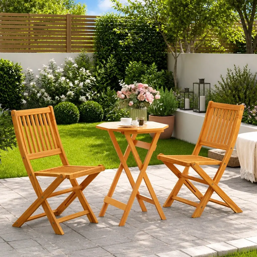 3 Piece Acacia Wood Bistro Set Foldable Brown Outdoor Garden Patio Furniture