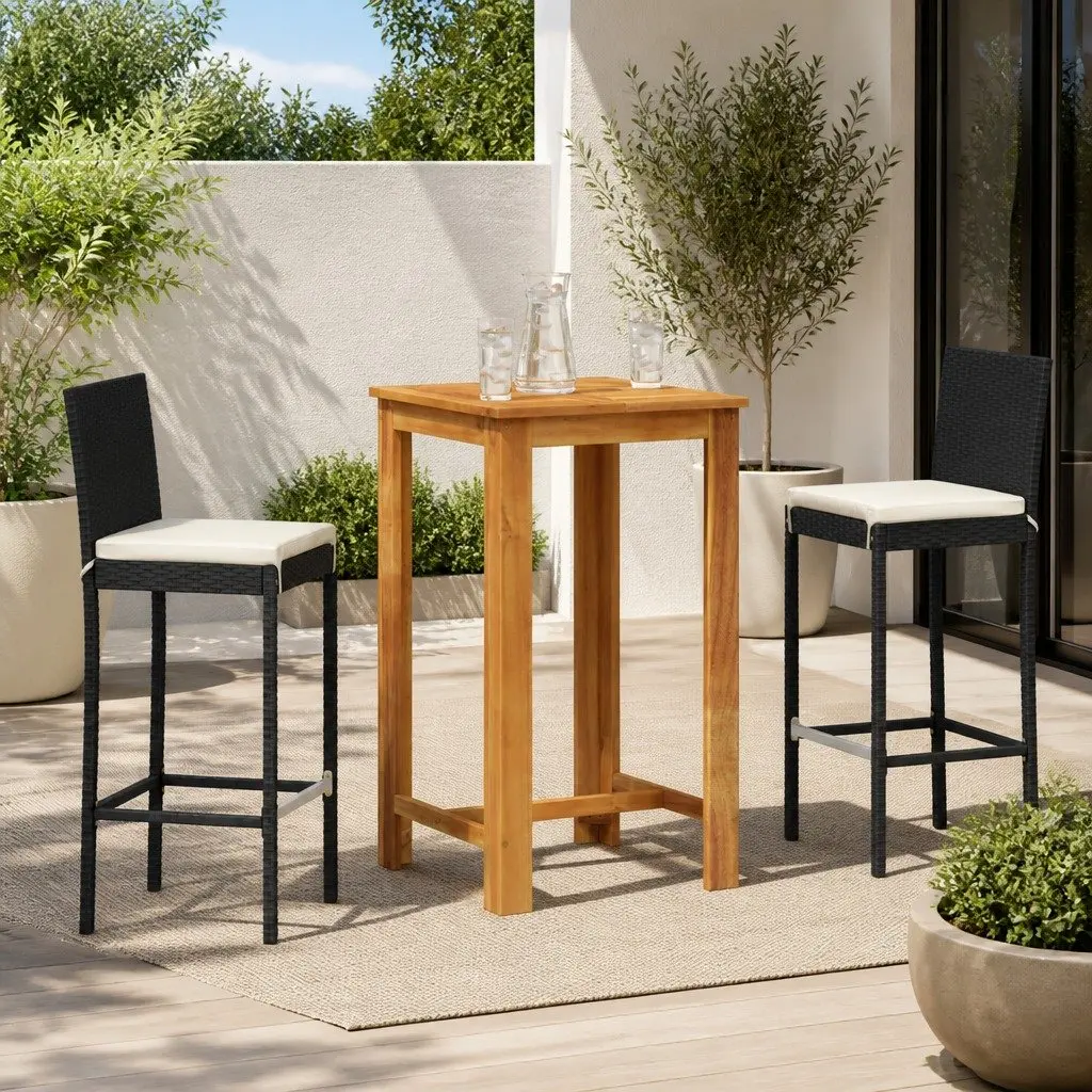 3 Piece Outdoor Bar Set Black Acacia Wood Table and Stools Poly Rattan Construction