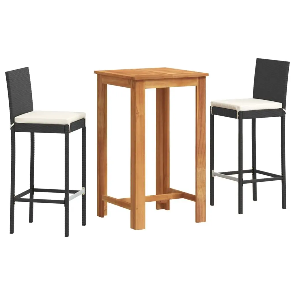 3 Piece Outdoor Bar Set Black Acacia Wood Table and Stools Poly Rattan Construction