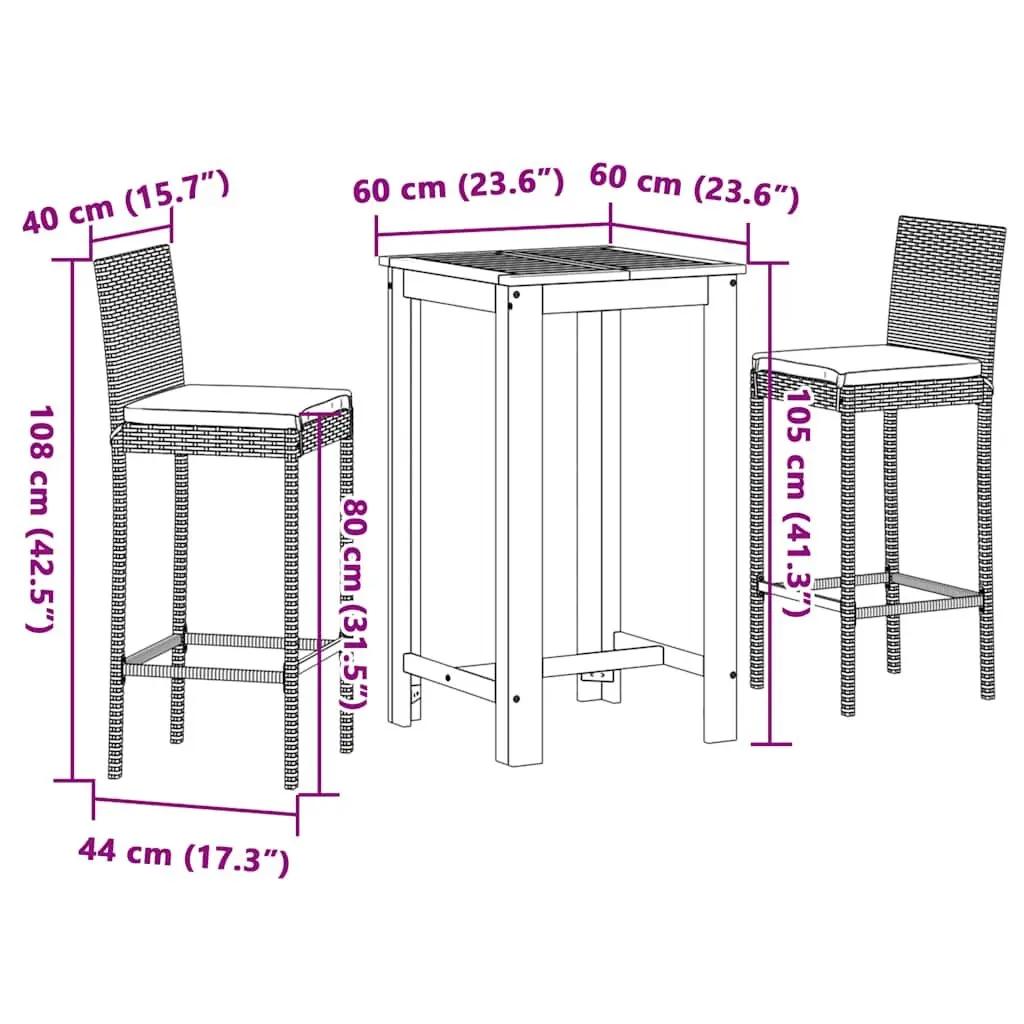 3 Piece Outdoor Bar Set Black Acacia Wood Table and Stools Poly Rattan Construction