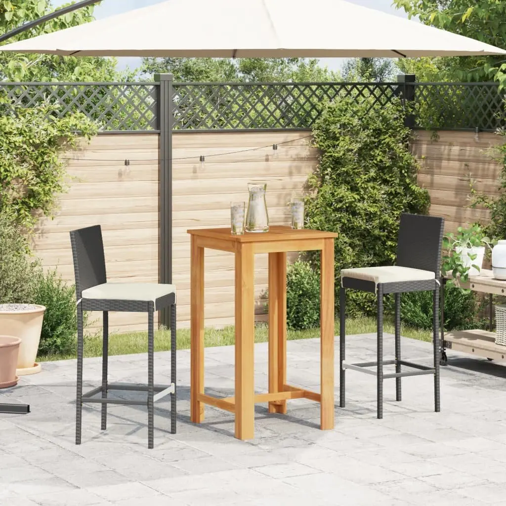 3 Piece Outdoor Bar Set Black Acacia Wood Table and Stools Poly Rattan Construction