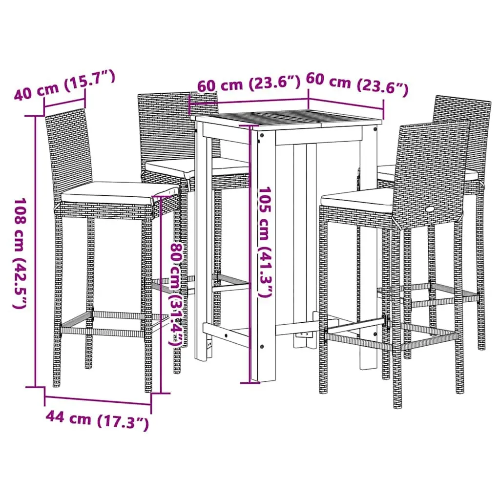 5 Piece Outdoor Dining Set Acacia Wood Table Poly Rattan Stools Black