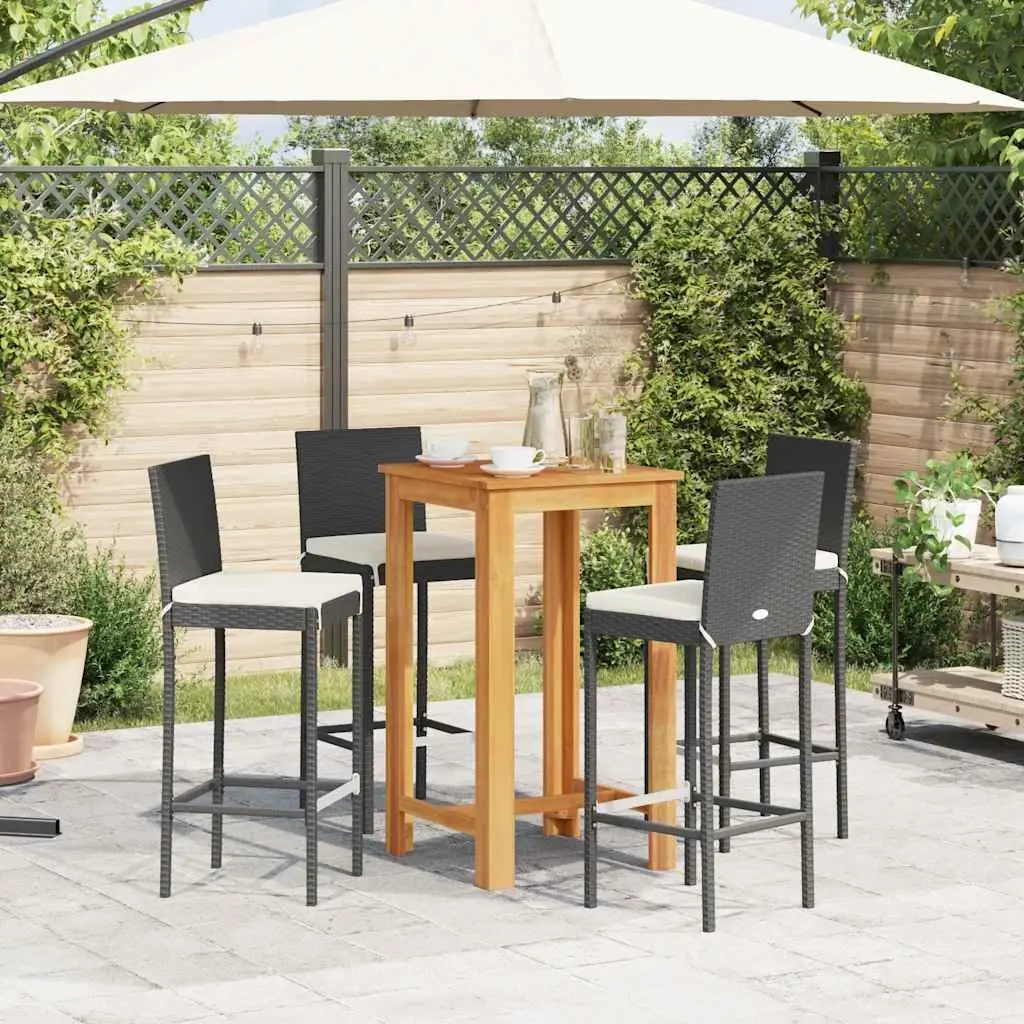 5 Piece Outdoor Dining Set Acacia Wood Table Poly Rattan Stools Black