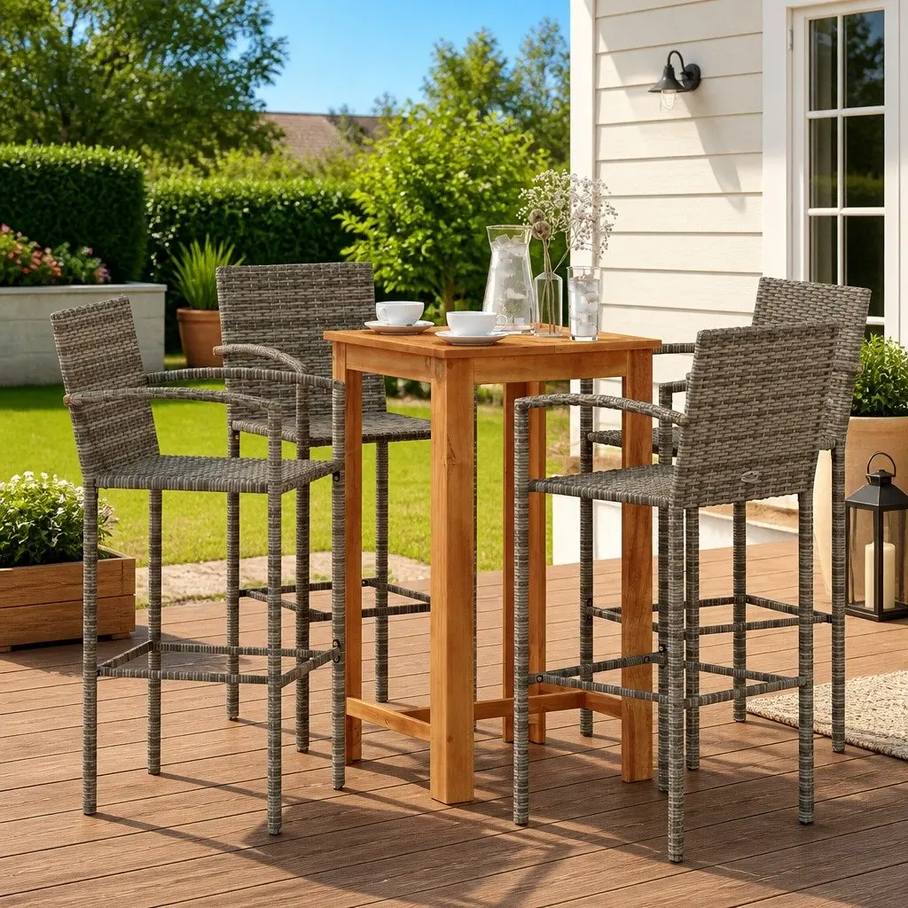 Garden Bar Set Acacia Wood and Poly Rattan 5 Piece Grey Outdoor Bar Table and Stools
