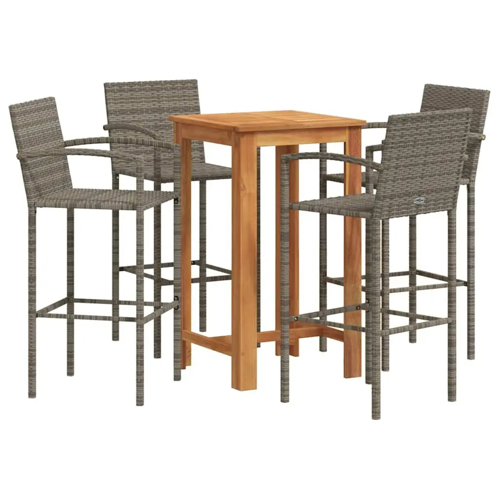 Garden Bar Set Acacia Wood and Poly Rattan 5 Piece Grey Outdoor Bar Table and Stools