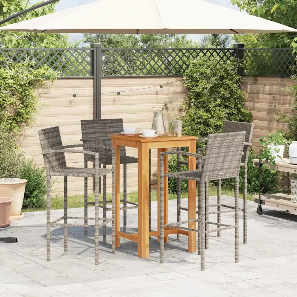 Garden Bar Set Acacia Wood and Poly Rattan 5 Piece Grey Outdoor Bar Table and Stools