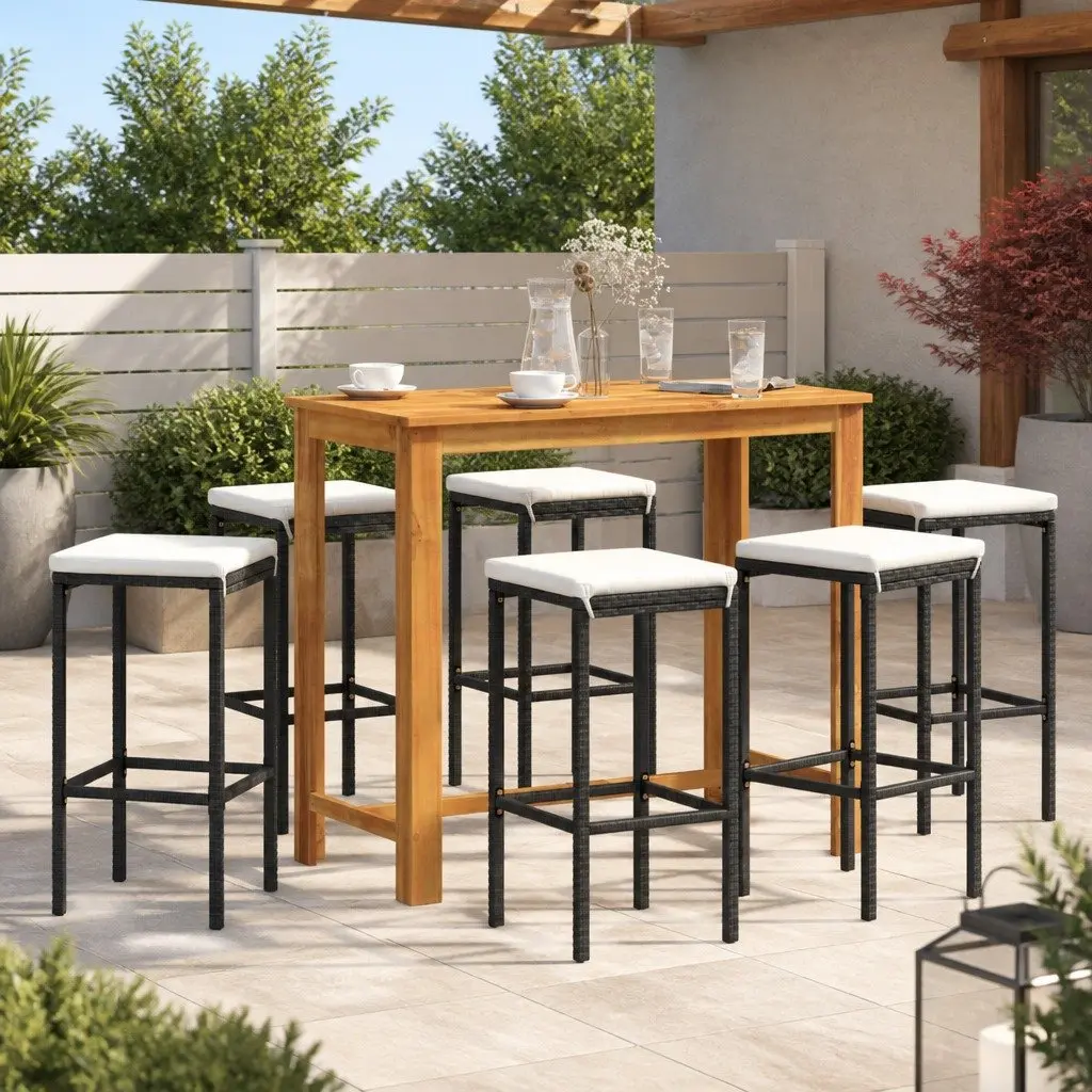 Outdoor Bar Set 7 Piece Acacia Wood Top Poly Rattan Table and Stools Black