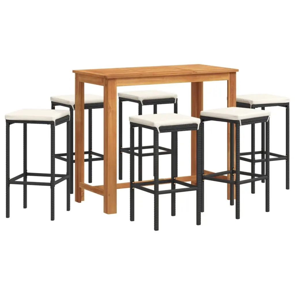 Outdoor Bar Set 7 Piece Acacia Wood Top Poly Rattan Table and Stools Black