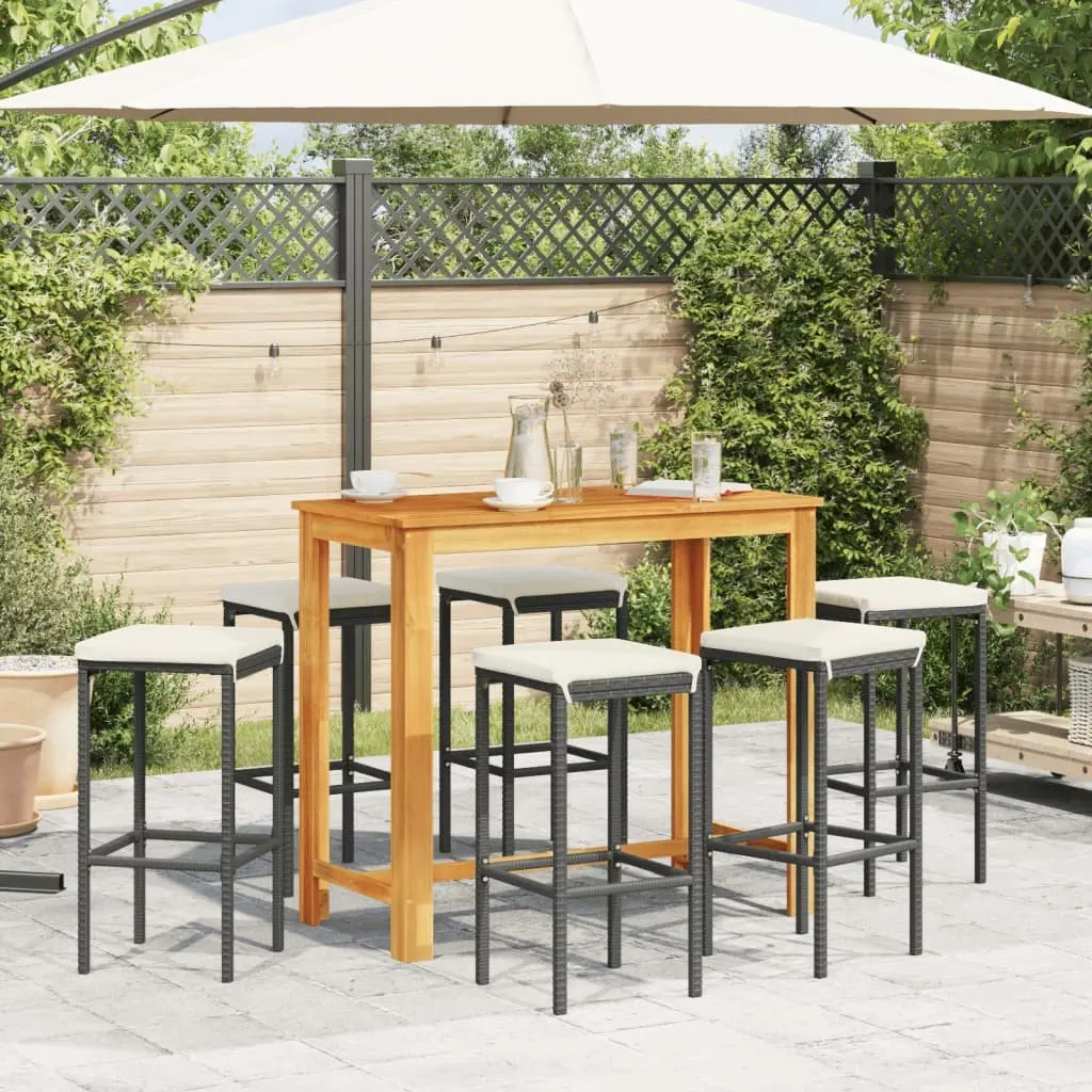 Outdoor Bar Set 7 Piece Acacia Wood Top Poly Rattan Table and Stools Black