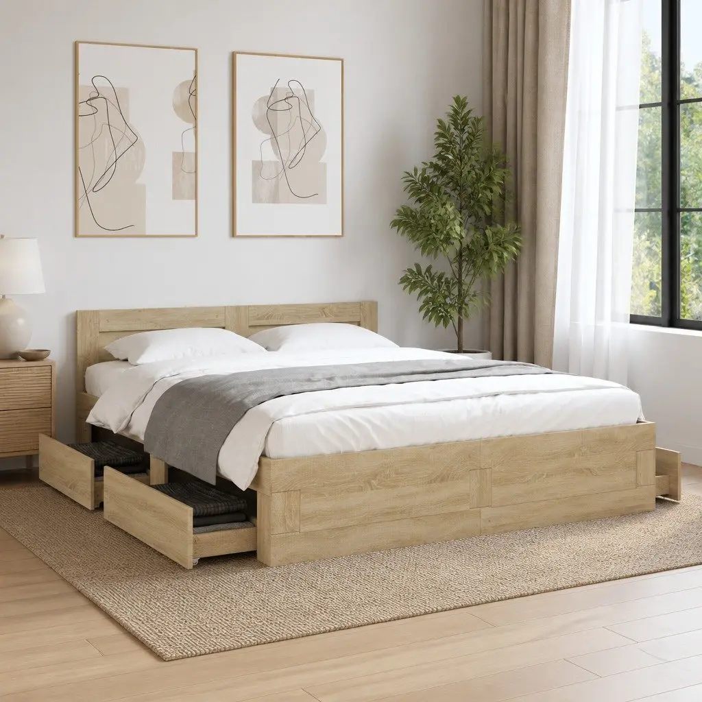 Bed Frame with Headboard Sonoma Oak 150x200 cm Slatted Base Storage Drawers