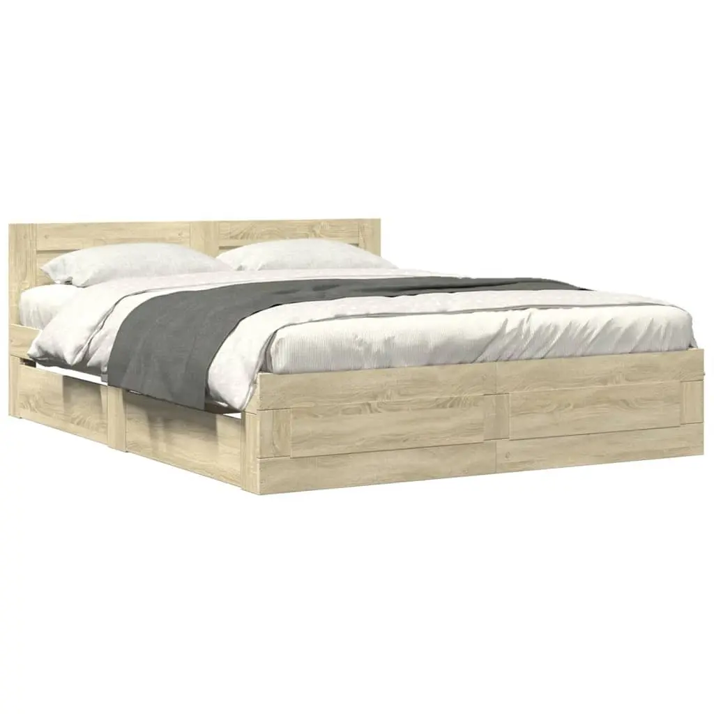 Bed Frame with Headboard Sonoma Oak 150x200 cm Slatted Base Storage Drawers