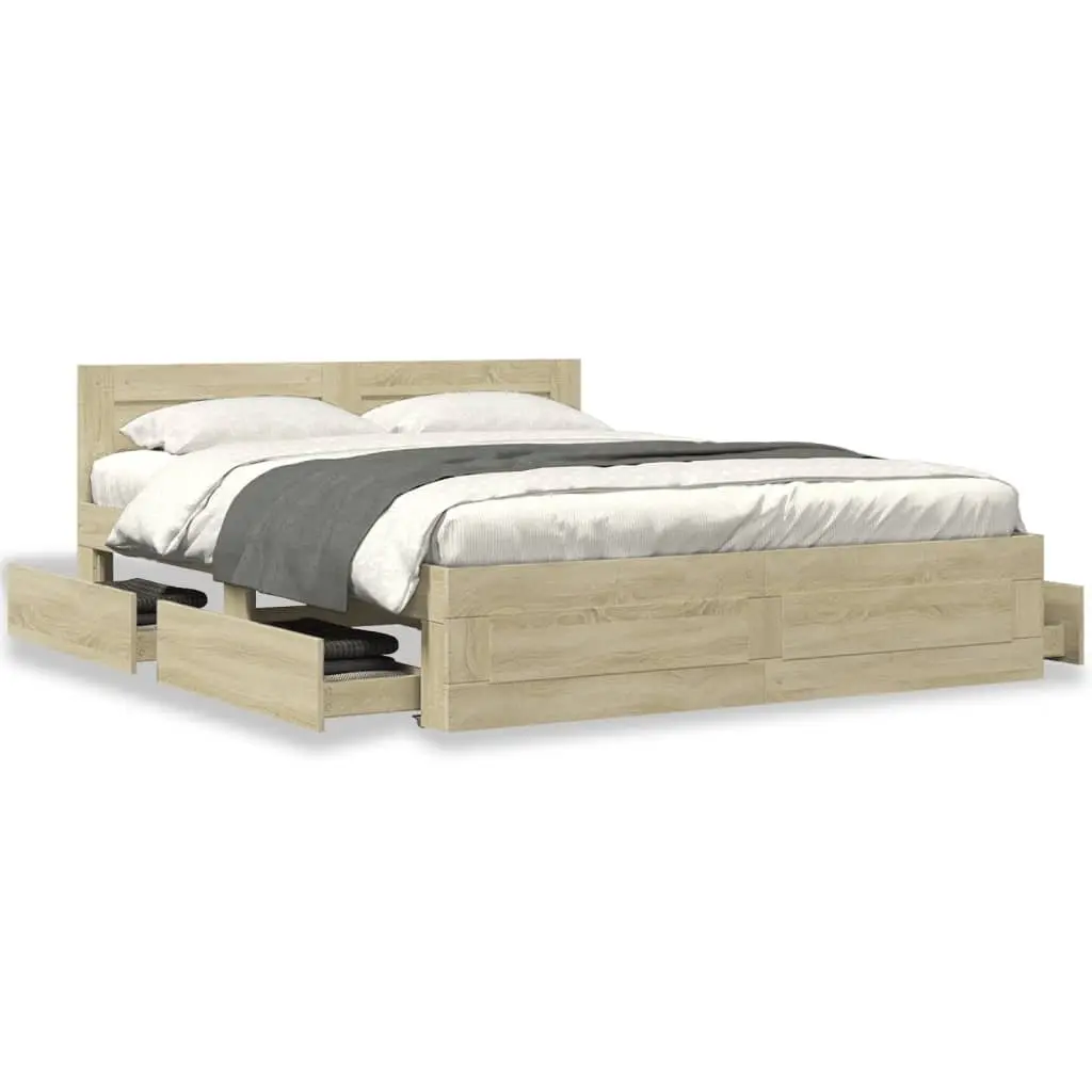 Bed Frame with Headboard Sonoma Oak 150x200 cm Slatted Base Storage Drawers
