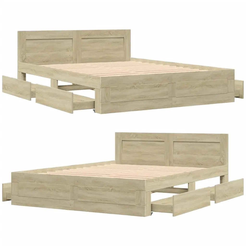 Bed Frame with Headboard Sonoma Oak 150x200 cm Slatted Base Storage Drawers