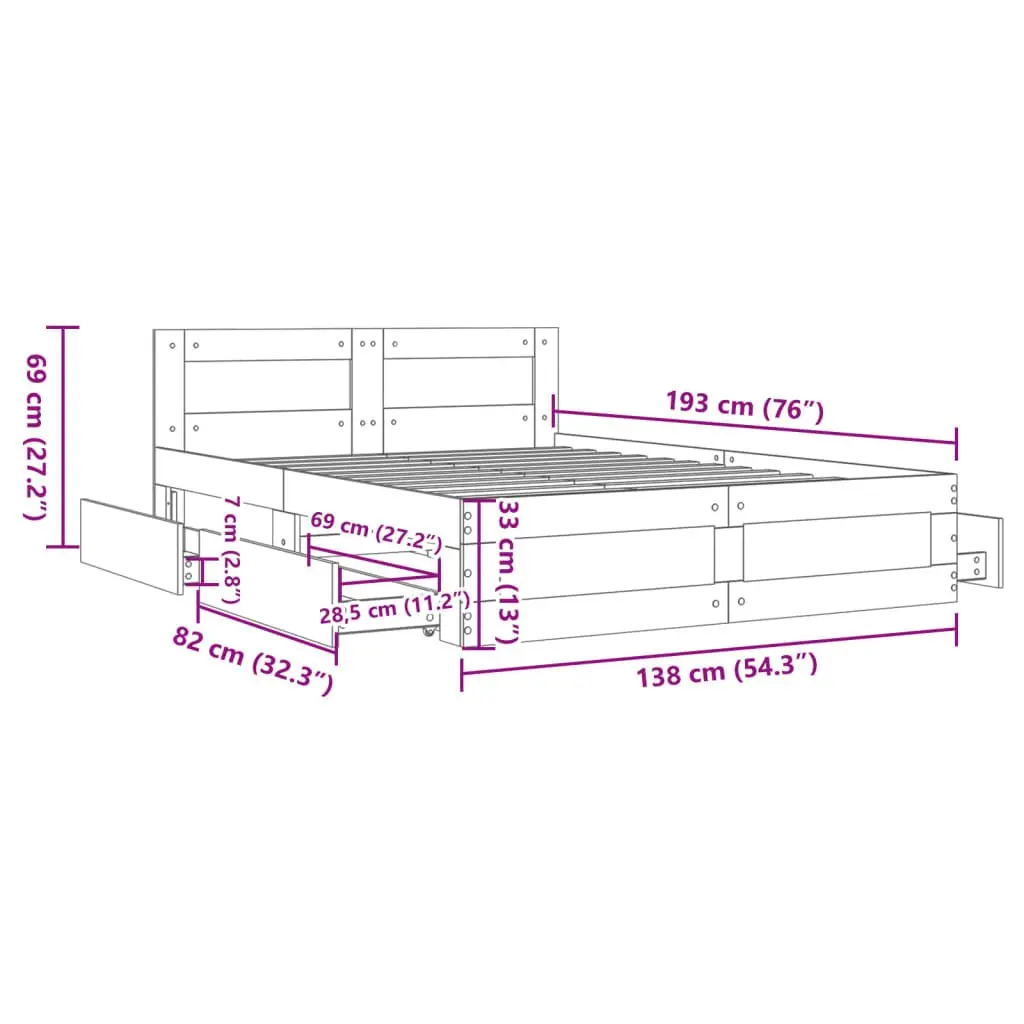 Bed Frame Sonoma Oak Engineered Wood 135x190 cm Slatted Base with Storage Drawers