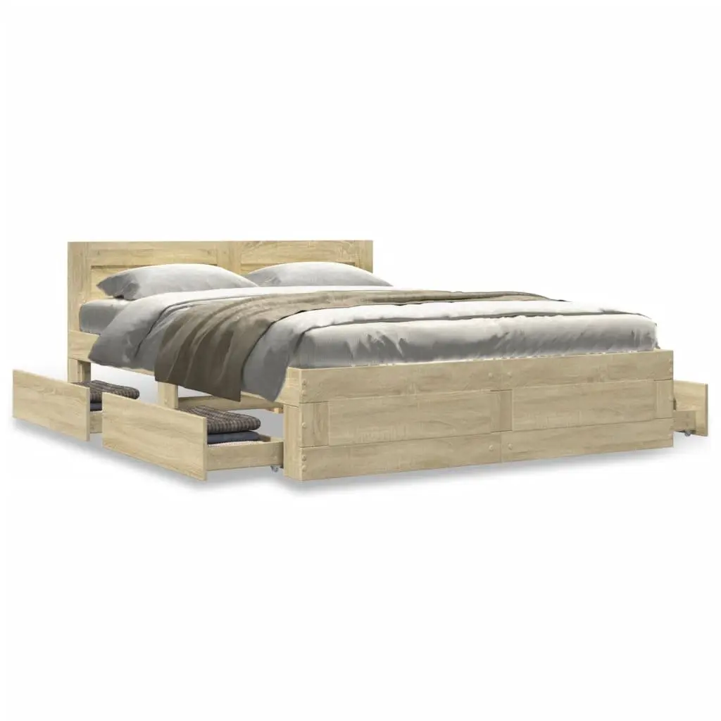 Bed Frame Sonoma Oak Engineered Wood 135x190 cm Slatted Base with Storage Drawers