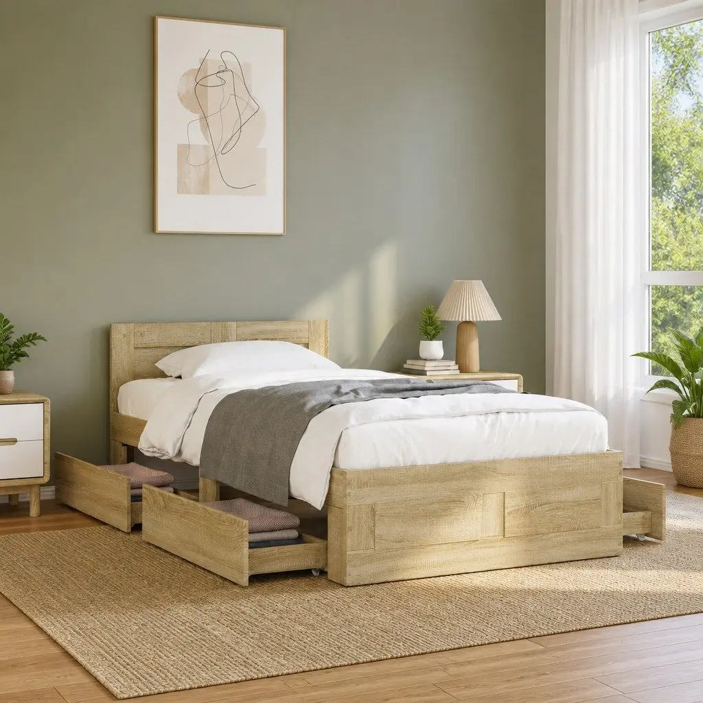 Bed Frame with Headboard Slatted Base Storage Drawers Brown Bedroom Furniture