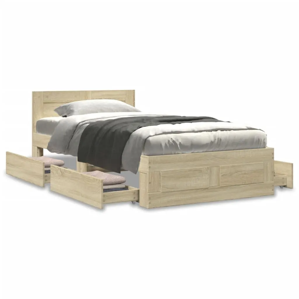 Bed Frame with Headboard Slatted Base Storage Drawers Brown Bedroom Furniture