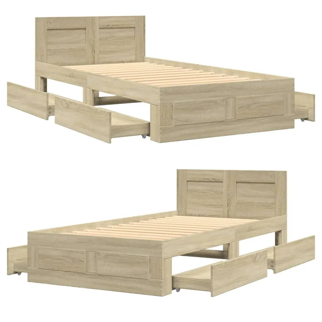 Bed Frame with Headboard Slatted Base Storage Drawers Brown Bedroom Furniture