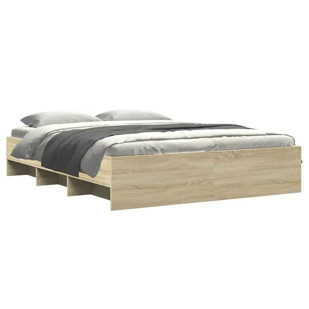 Storage Bed Frame Engineered Wood Brown 150x200 cm Slatted Base Sonoma Oak