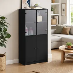 Functional Highboard Storage Cabinet - Black 68x37x142cm