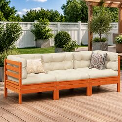 3 Piece Outdoor Garden Sofa Set with Cushions Brown Solid Pinewood Patio