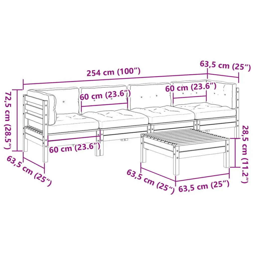 5 Piece Garden Sofa Set Solid Pinewood Outdoor Patio Furniture Brown