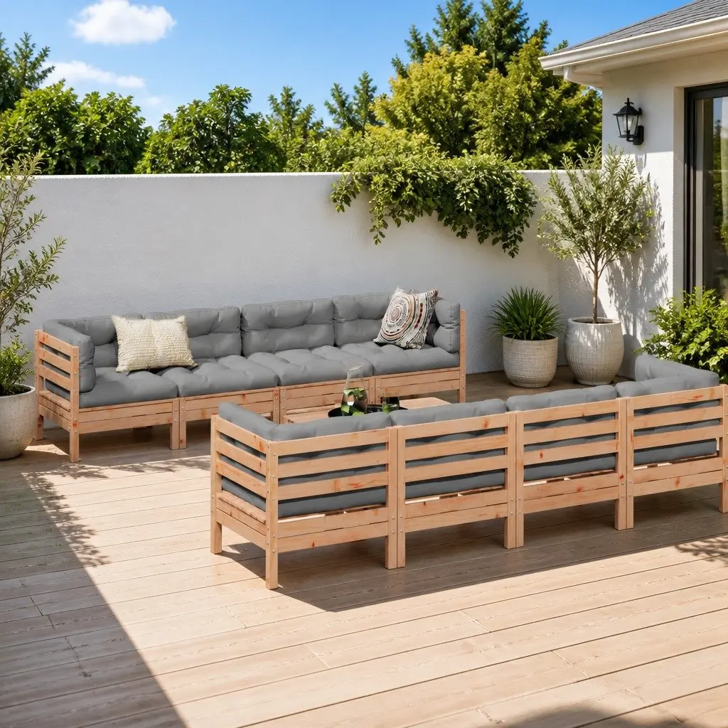 9 Piece Outdoor Garden Sofa Set Modular Solid Wood Brown with Cushions