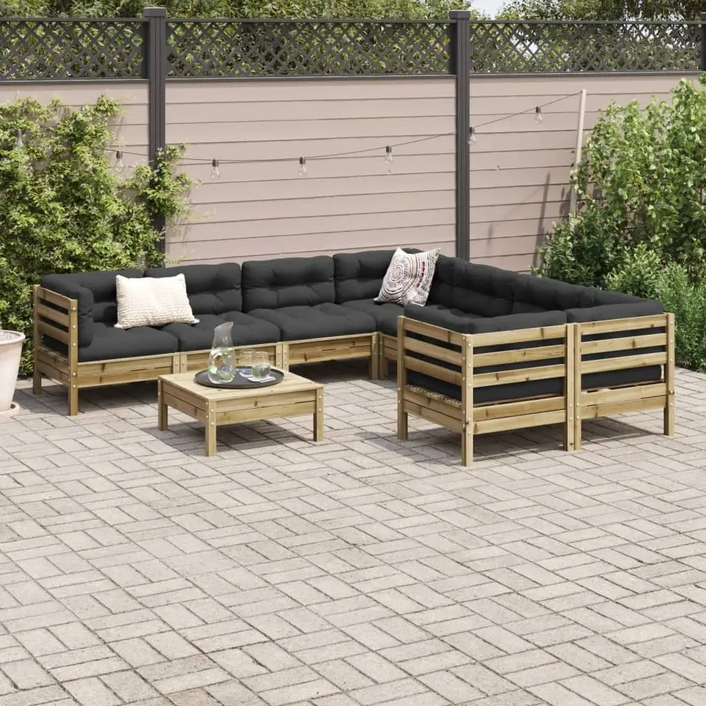 9 Piece Modular Outdoor Furniture Set with Brown Cushions Solid Pinewood Patio Sofa