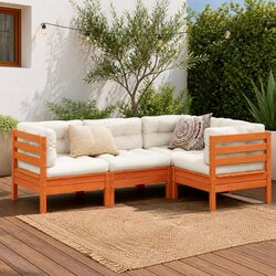 4 Piece Garden Sofa Set with Cushions Brown Solid Wood Outdoor Patio Furniture
