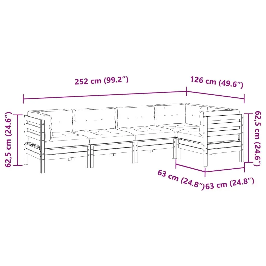 5 Piece Modular Sofa Set Outdoor Furniture Brown Douglas Fir Wood Frame with Cushions