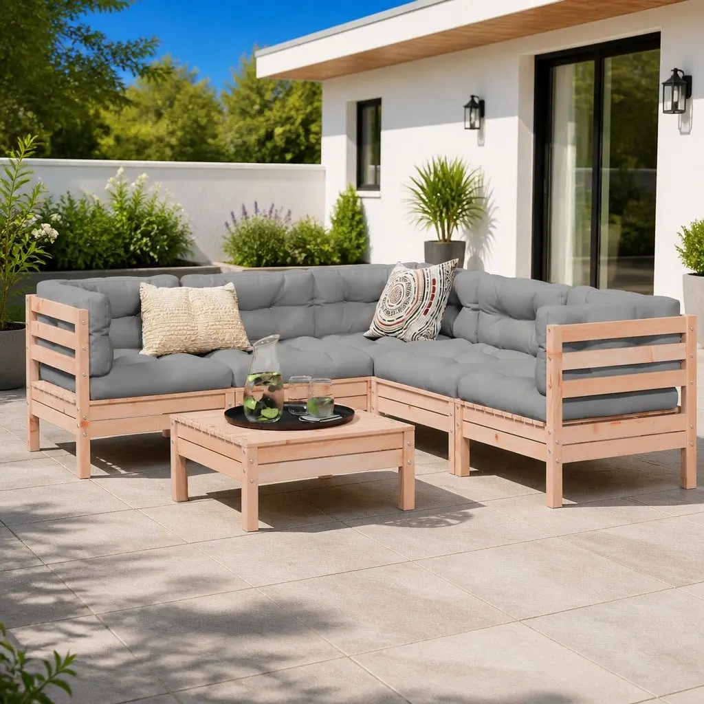 Garden Sofa Set Douglas Fir Wood 6 Piece Modular Outdoor Furniture with Cushions Brown