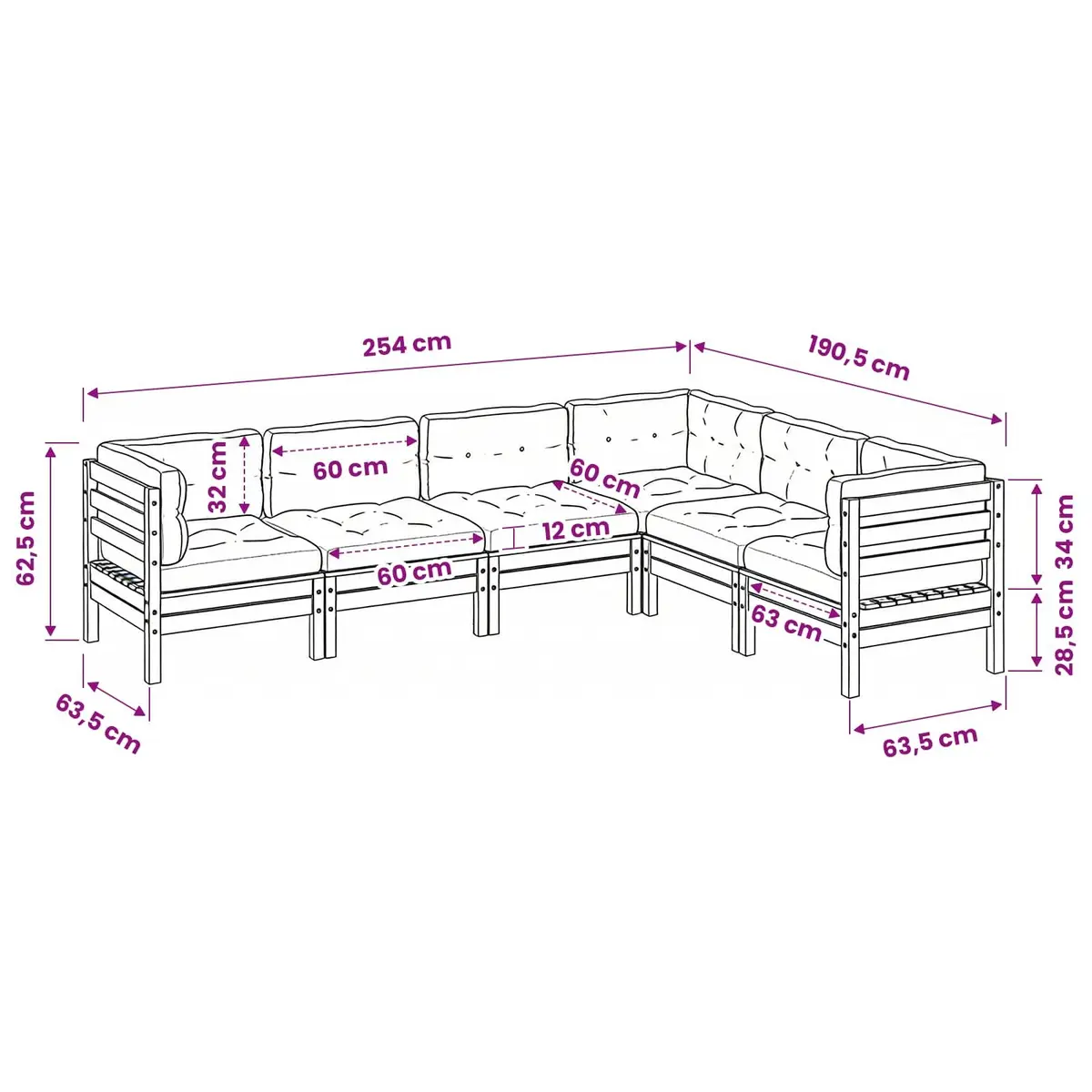 Garden Sofa Set Solid Pinewood 6 Piece Modular Patio Sectional Brown Cushions