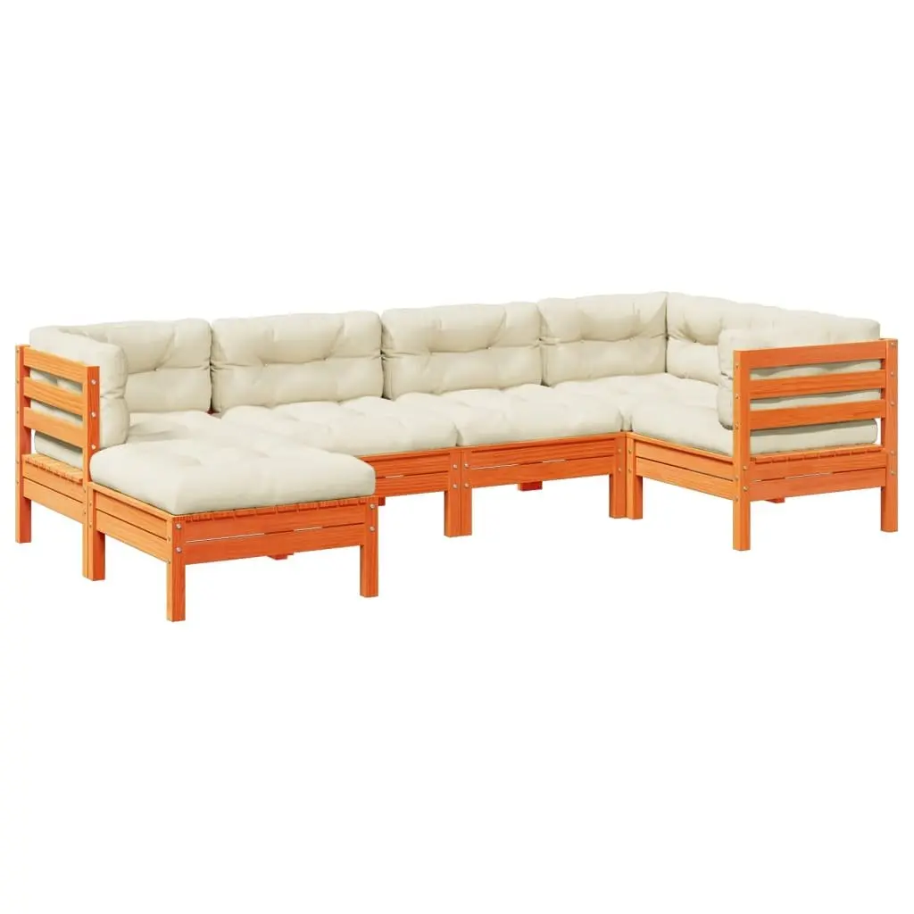 6PieceSofaSetGardenOutdoorFurniturePinewoodSolidBrownwithCushions