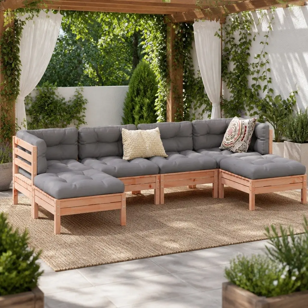 6 Piece Modular Patio Sofa Set Douglas Fir Wood Brown with Cushions Outdoor Furniture