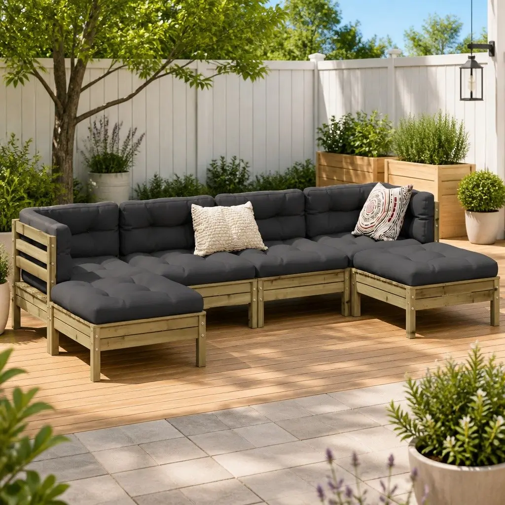 Garden Sofa Set Solid Pinewood Modular 6 Piece Brown Cushioned Outdoor Furniture