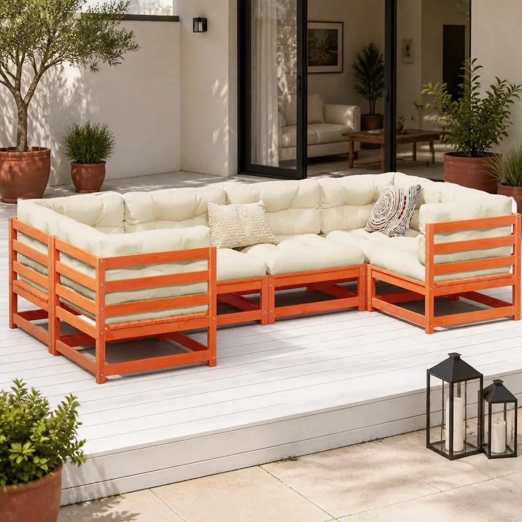 Garden Sofa Set Solid Pinewood Modular 6 Piece Outdoor Furniture Brown