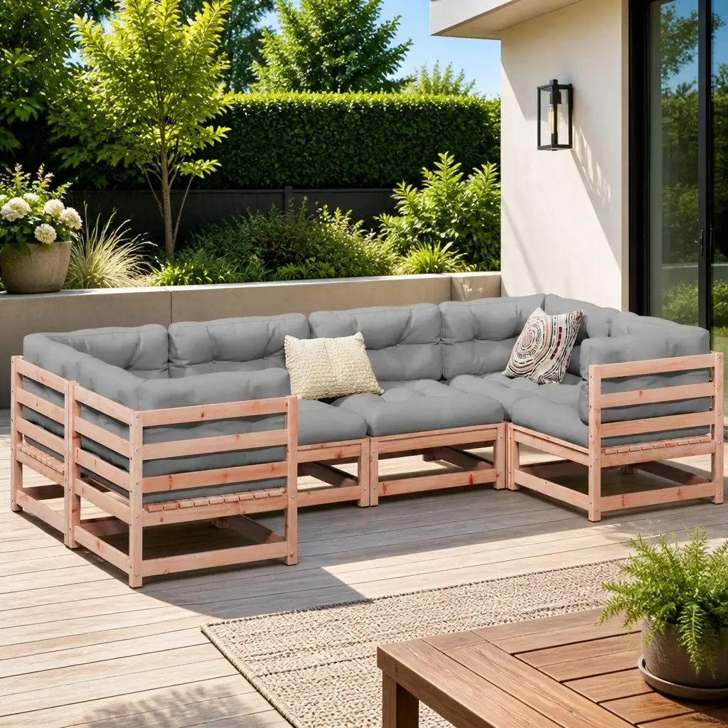 Garden Sofa Set Modular Douglas Fir Wood 6 Piece Brown with Cushions