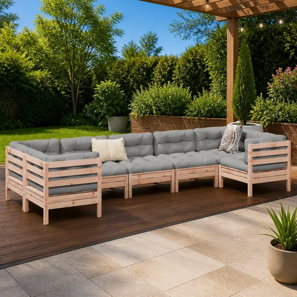 Garden Sofa Set Douglas Fir Wood 7 Piece Outdoor Furniture with Cushions Brown