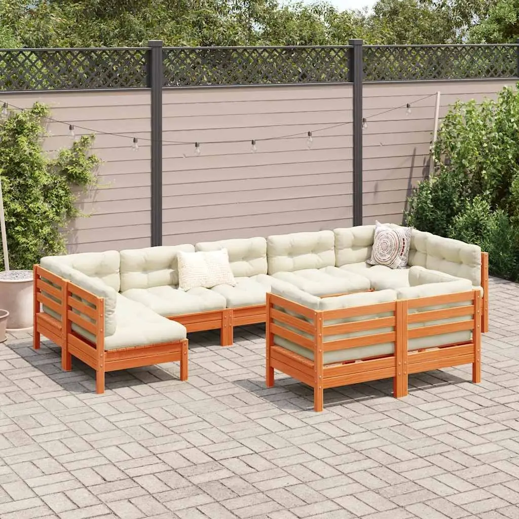 Garden Sofa Set Solid Pinewood Modular 9 Piece Outdoor Furniture Brown Cushions